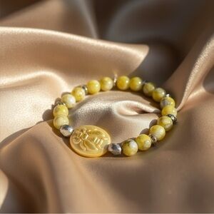 Golden Scarab: Egyptian Inspired Yellow Glass and Silver Accent Stretch Bracelet